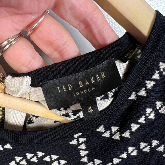 Ted Baker Bryena Fit & Flare Dress Size 4 US 8 Black Geometric Knit Event - Picture 4 of 10